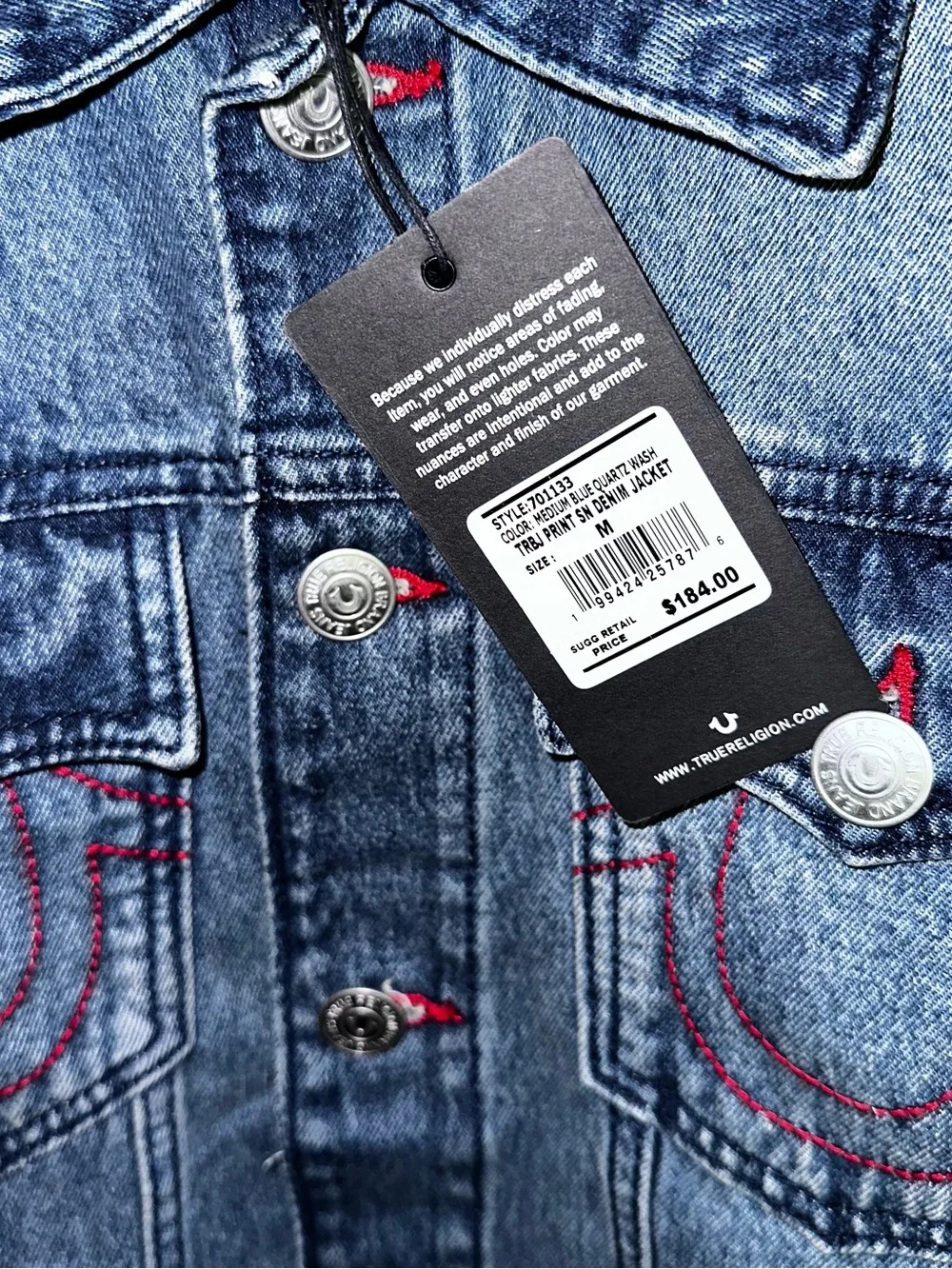 True Religion Denim Jacket Red Ladder Stitch Men’s Medium Blue Quartz Wash Budda